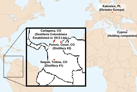 Locations of Cartagena, the two distilleries, Dictador Europe, and Cyprus.